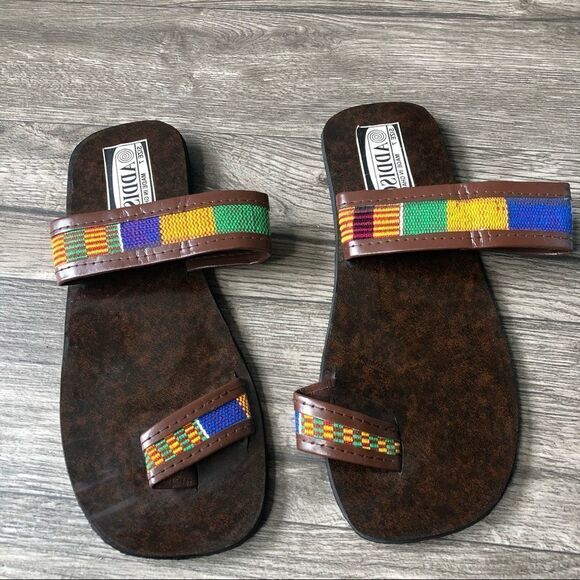 AFRICAN KENTE Cloth Print Tortoise Sandals Slides Flip Flops - Picture 2 of 13